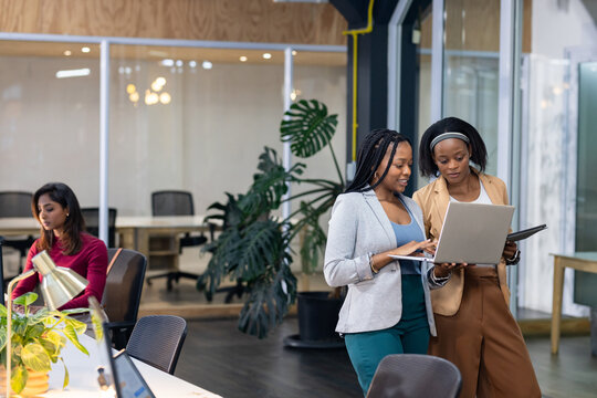 Diverse female colleagues wearing suits collaborating over laptop at office, desk lamp and plants
