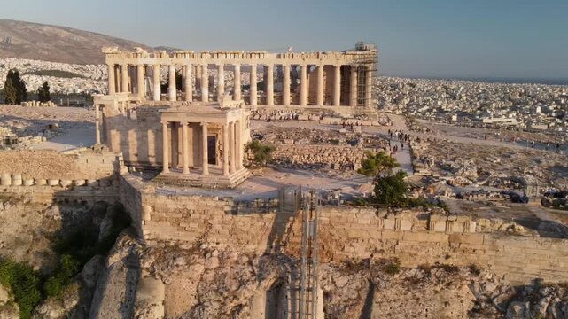 Aerial view of the parthenon on the ancient acropolis of athens during a sunny afternoon