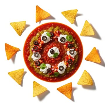 A plate of queso surrounded by tortilla chips
