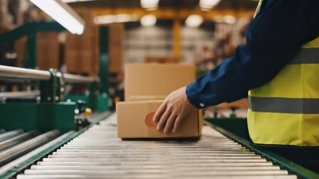 Slow Motion Worker Guiding Parcels into Automated Sorting Lane with Cinematic Lighting