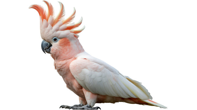 A pink and cockatoo with orange crest feathers standing a isolated on transparent white background PNG