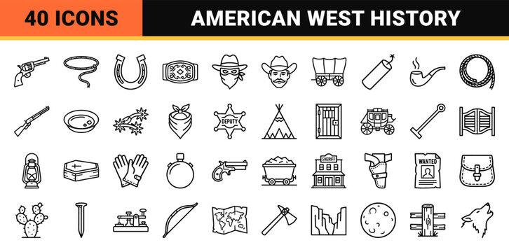 Wild West Frontier Lifestyle Monoline Outline Symbols. Minimalist Geometric Line Art for American Heritage and Cowboy Culture Projects.