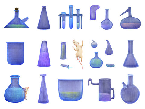 A set of flasks, chemical bottles, and a lab mouse character. The illustrations on the white background are hand drawn in a simple, childlike style for cards, books, and educational materials.