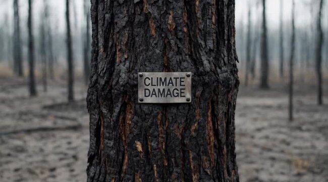 A metal sign reading "Climate Damage" is affixed to a charred tree trunk in a burnt forest.