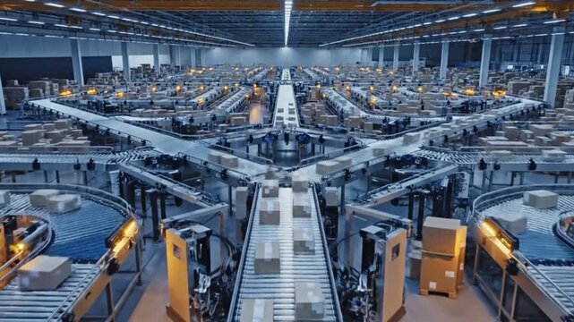 Overhead View of Symmetrical Parcel Sorting System with Geometric Conveyor Patterns