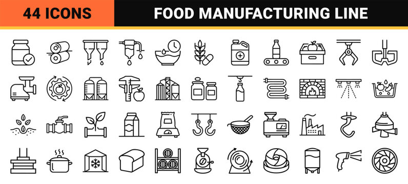 Industrial Food Processing and Manufacturing Line Minimalist Monoline Geometric Icon Set for Automation and Quality Control Systems.