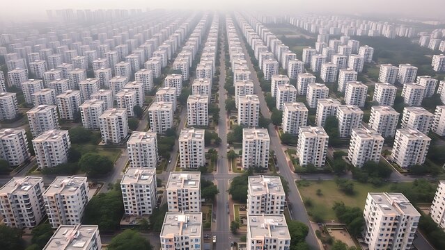 particularity. Aerial view of identical residential buildings stretching to the horizon under hazy skies. real-estate listings.