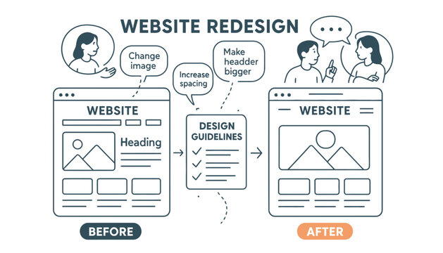 Website redesign process from before to after illustration