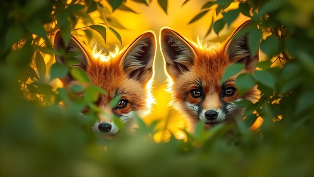 nitroglycerin. Two foxes peeking through dense foliage with playful expressions in golden light. wildlife magazines, conservation campaigns, designed for wildlife conservation campaigns.