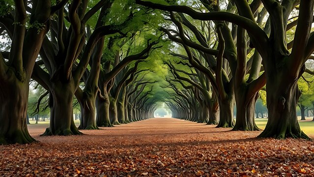 accuser. Avenue of ancient oak trees with a carpet of fallen leaves, dappled sunlight filtering through the canopy. travel magazines, destination branding, designed for travel destination branding.