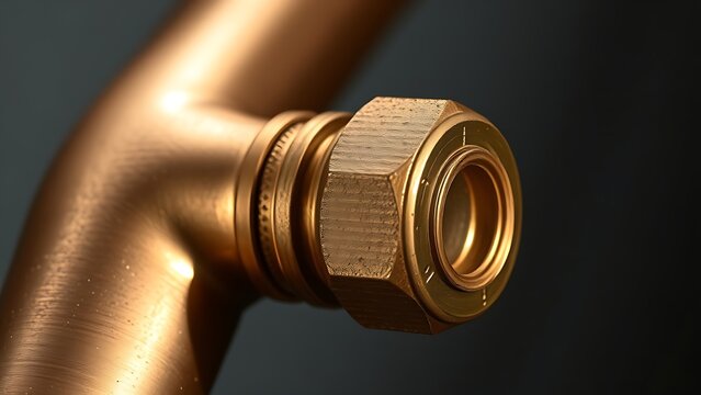 flippant. Close-up of a shiny brass joint connecting two copper pipes. safety posters, maintenance manuals, designed for industrial assembly lines and welding operations, used by engineers.