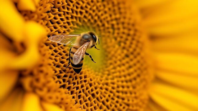 involucre. Close-up of honeybee wings hovering in a sunflower, morning light, soft background. wildlife magazines, conservation campaigns, designed for eco-tourism storytelling.