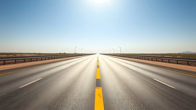 retroreflective. A wide highway with a prominent yellow double solid line extending to the horizon. mobility guides, transit brochures, designed for transport & logistics marketing.