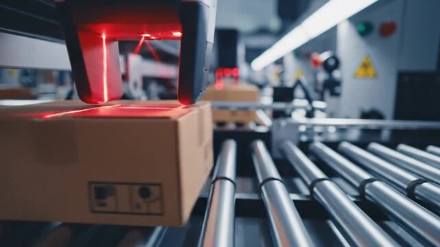 Macro Close Up of Barcode Scanner Sweeping Parcels on High Speed Sorting Line