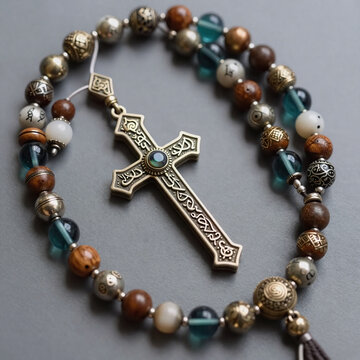 Metallic Eid Allah. Islamic Prayer Beads With Ramadan And Eid Symbols