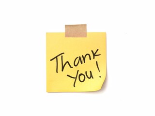 Yellow adhesive note with handwritten thank you text isolated on white background. Perfect for concepts of gratitude, customer appreciation, and positive feedback