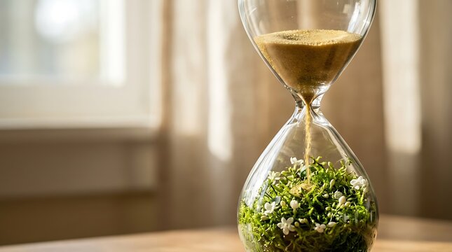 Hourglass with green moss and sand.