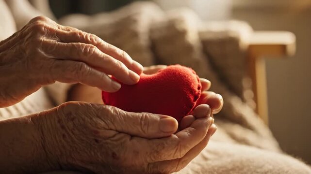Wrinkled Aging Hand of Elderly Senior Holding a Red Heart Symbolizing Compassion and Medical Support from a Family Caregiver for National Hospice and Palliative Care Month Awareness