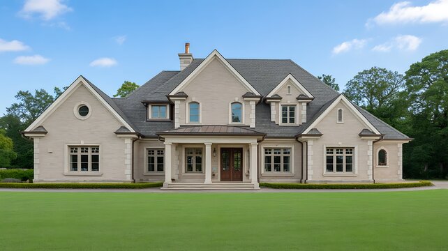 Large beige house with gray roof and green lawn