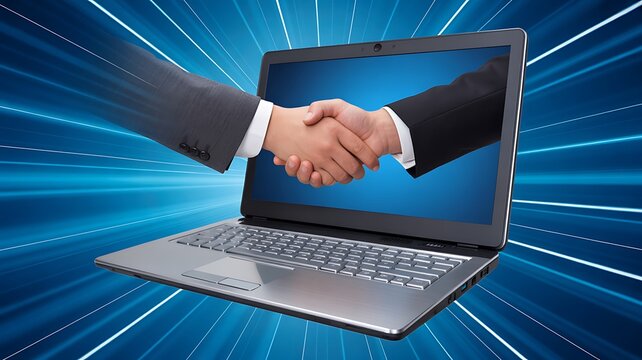 Business partnership handshake on laptop screen