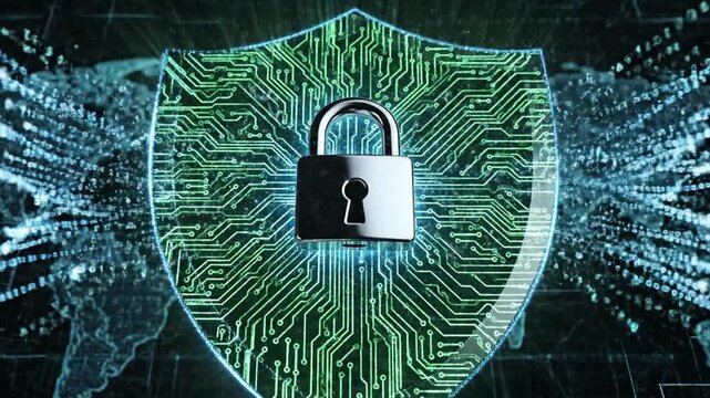 Abstract digital cybersecurity shield featuring intricate glowing circuit board pattern and secure padlock icon for data protection and network safety in advanced modern technology.