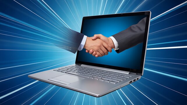 Handshake on silver laptop screen with blue background