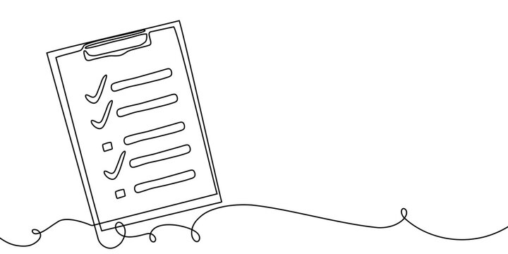 Continuous one line document list art illustration single check clipboard icon. One line checklist art survey data test pen paper business report doodle notebook agenda sketch board form office note.