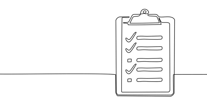 Continuous one line document list art illustration single check clipboard icon. One line checklist art survey data test pen paper business report doodle notebook agenda sketch board form office note.