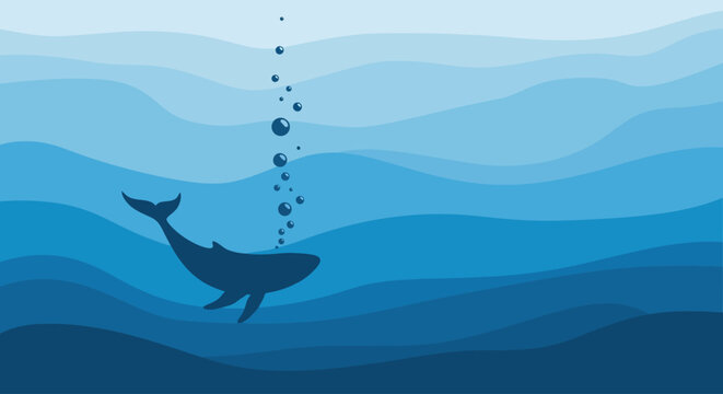 Whale silhouette swimming underwater with rising bubbles in blue ocean