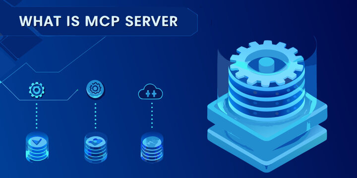 Isometric illustration depicting an mcp server with gears and data stacks