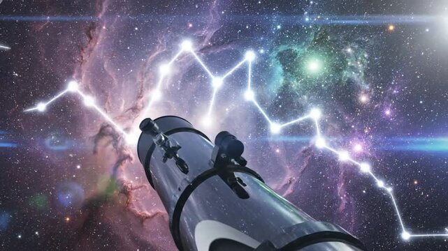 Telescope observing constellation in colorful nebula space, astronomy and cosmos concept