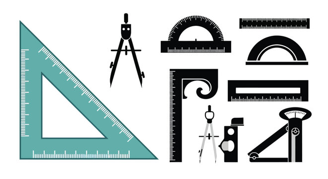 A collection of drafting tools including rulers protractors and compasses