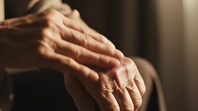 Close Up of Elderly Hands Showing Signs of Aging and Skin Condition with Warm Dramatic Lighting