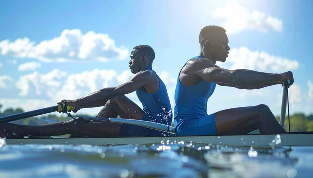 Focused male rowers training on tranquil lake under bright sky.