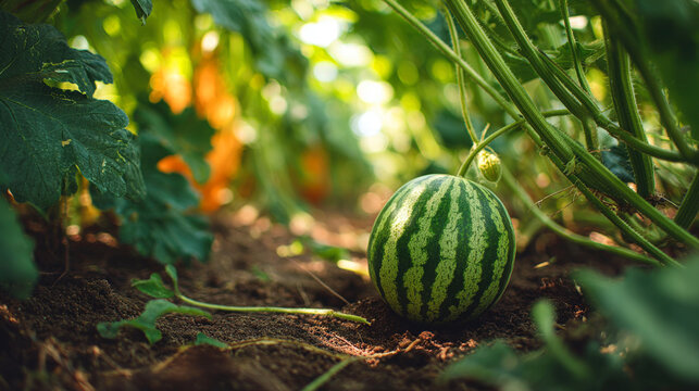 A small watermelon growing on a vine in a lush green garden