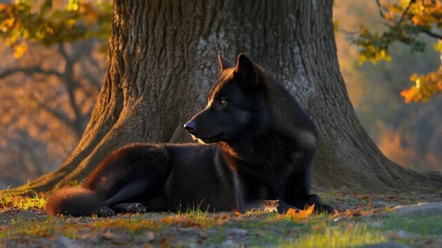 Majestic Black Wolf Resting Under Large Tree in Autumn Forest