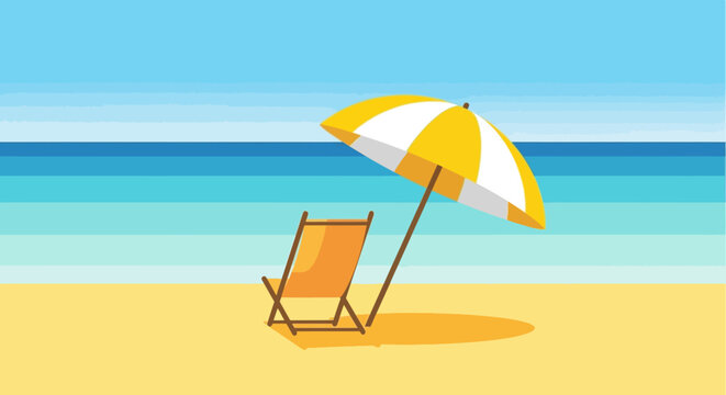 Yellow beach umbrella and chair on sand by ocean