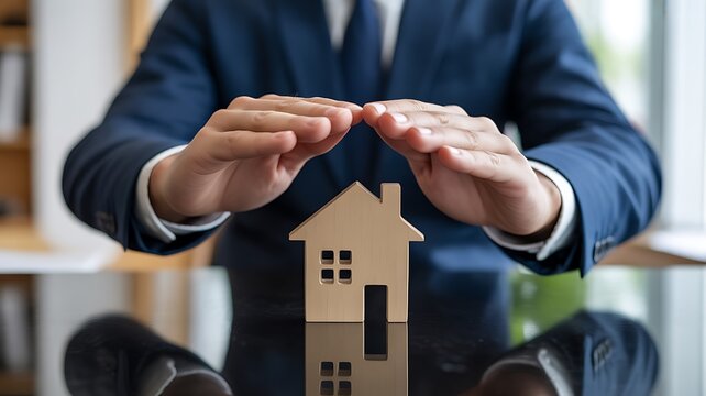 Businessman protecting a house with his hands, symbolizing property protection or real estate insurance