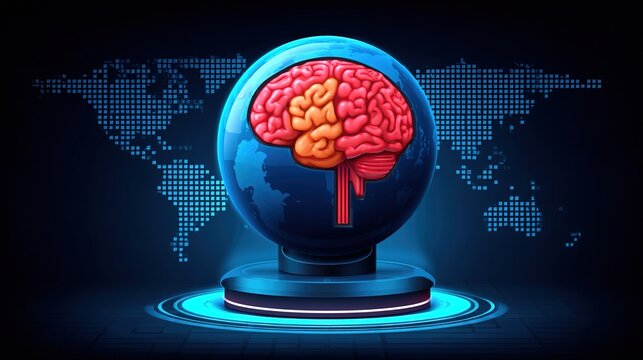 Brain and Global Tech: An illustration of a human brain encased within a glowing globe, symbolizing the intersection of human intellect and global technological advancement.