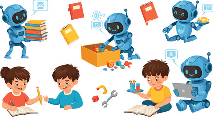 Kids learning with robots set featuring reading, writing, coding and STEM activities, technology education and AI assistant cartoon vector illustration collection © Rumi