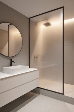 Modern Bathroom with Frosted Glass Shower and Floating Vanity