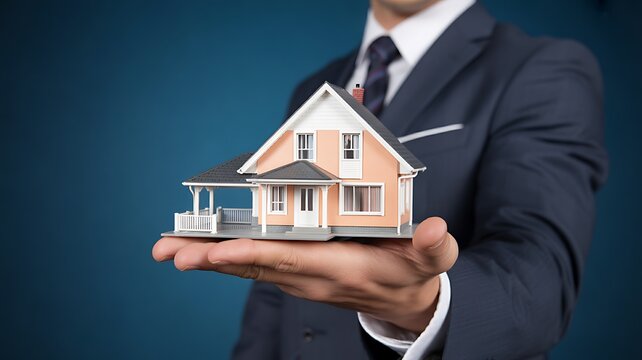 Businessman holding small orange house model