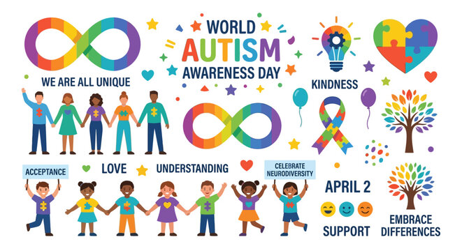 World autism awareness day illustration with colorful symbols and diverse people