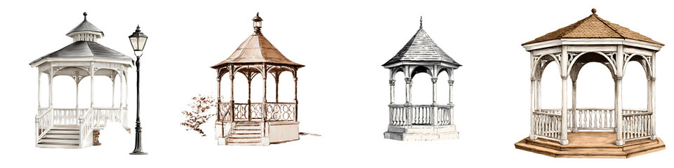 Fototapeta premium Set of Watercolor Gazebos and Pergolas. Outdoor Structure Illustration for Landscape Design, Parks, and Gardens.