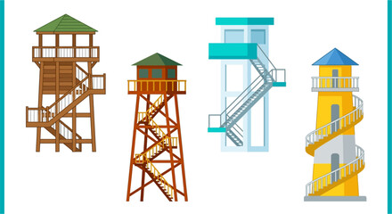 Illustration of four different watchtowers and lifeguard stands © Sumon