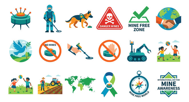 Icons representing mine awareness safety and global demining efforts