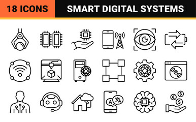 Fototapeta premium Future Technology and Smart Automation Minimalist Monoline Icon Set for Digital Infrastructure, Artificial Intelligence, and Connectivity