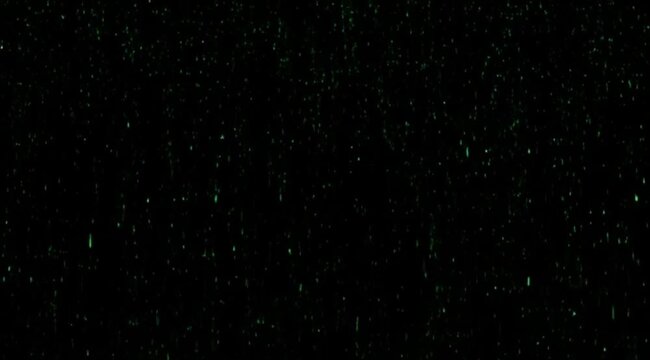 Green shimmering particles descend like mystical rain against a dark mysterious background providing an enchanting abstract effect.