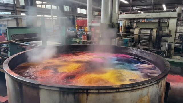 Steaming vat of colorful liquid in a factory setting