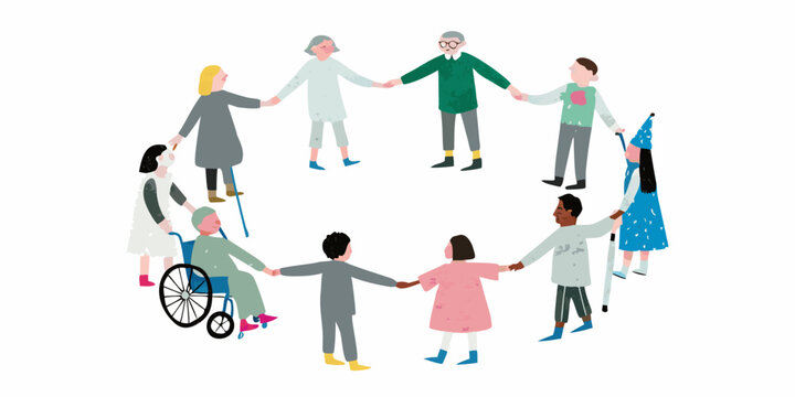 Diverse group of people holding hands in a circle representing unity